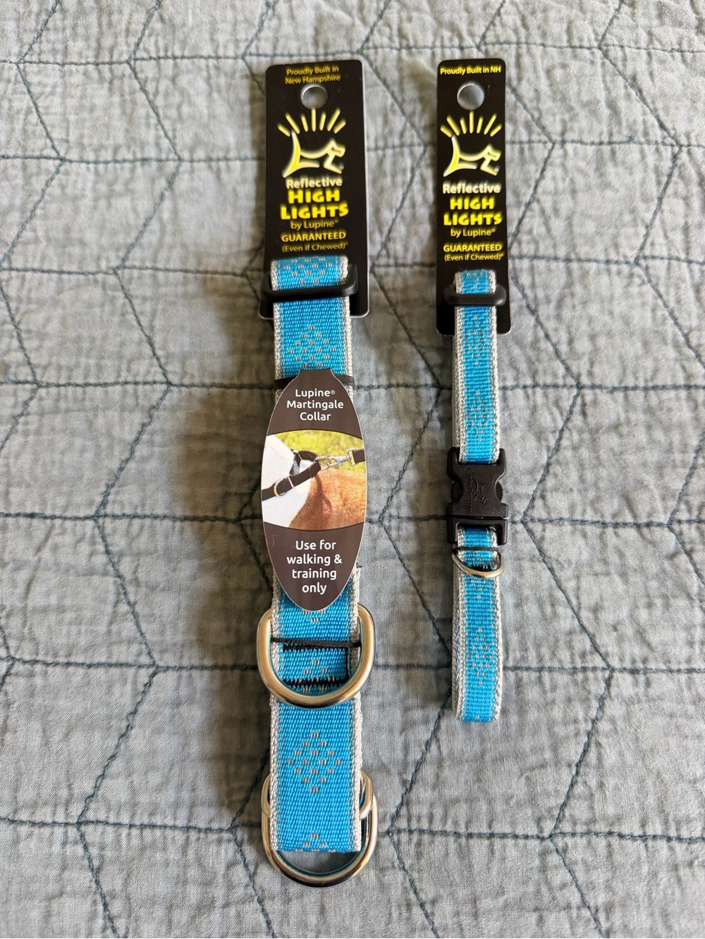 2 Lupine High Lights Reflective Dog Collars Blue Diamond 15-22" and 8-12”